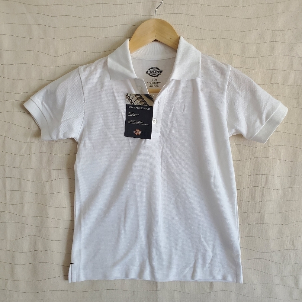 Dickies Kids Pique Polo Short Sleeve White Easy Care Uniform Size L (7) NEW